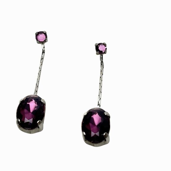 Purple Dangle Earrings Faceted Oval Rhinestones Silver Tone Drop Pierced Sparkly - Picture 5 of 6
